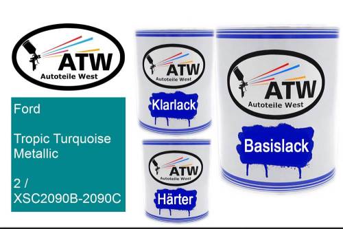 Ford, Tropic Turquoise Metallic, 2 / XSC2090B-2090C: 1L Lackdose + 1L Klarlack + 500ml Härter - Set, von ATW Autoteile West.